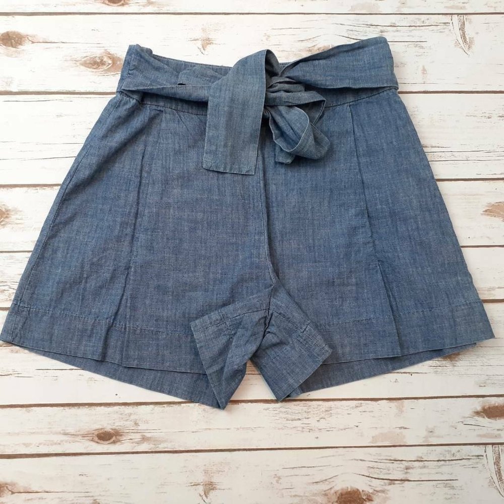 J Crew Women's Tie Waist Shorts Blue Chambray High Rise 100% Cotton 2